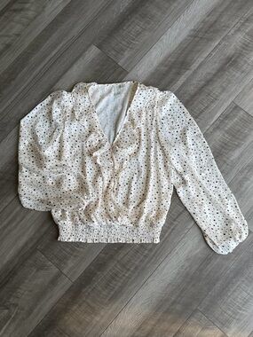 Joie Polka Dot Ruffle Long Sleeve Blouse Sz L Cream Black Metallic Feminine Chic